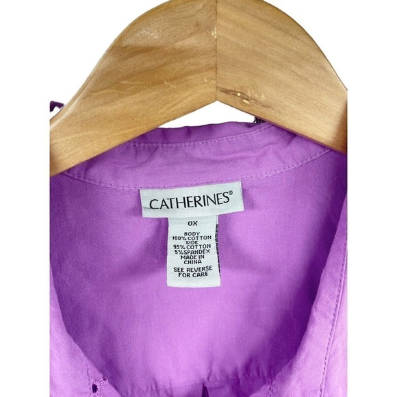 Catherines Top 0X Light Purple Lavender Semi-Sheer Eyelet 3/4 Sleeve Button - Picture 3 of 5